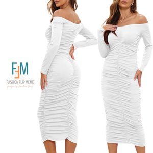New! Long Sleeve Off-Shoulder All Over Ruched Bodycon Midi Dress, XXL